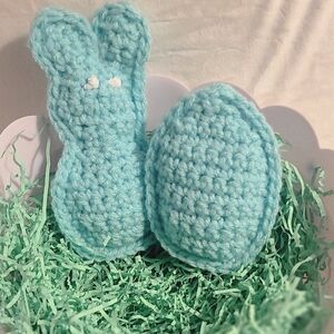 Handmade Blue Crochet Bunny and Egg Set
